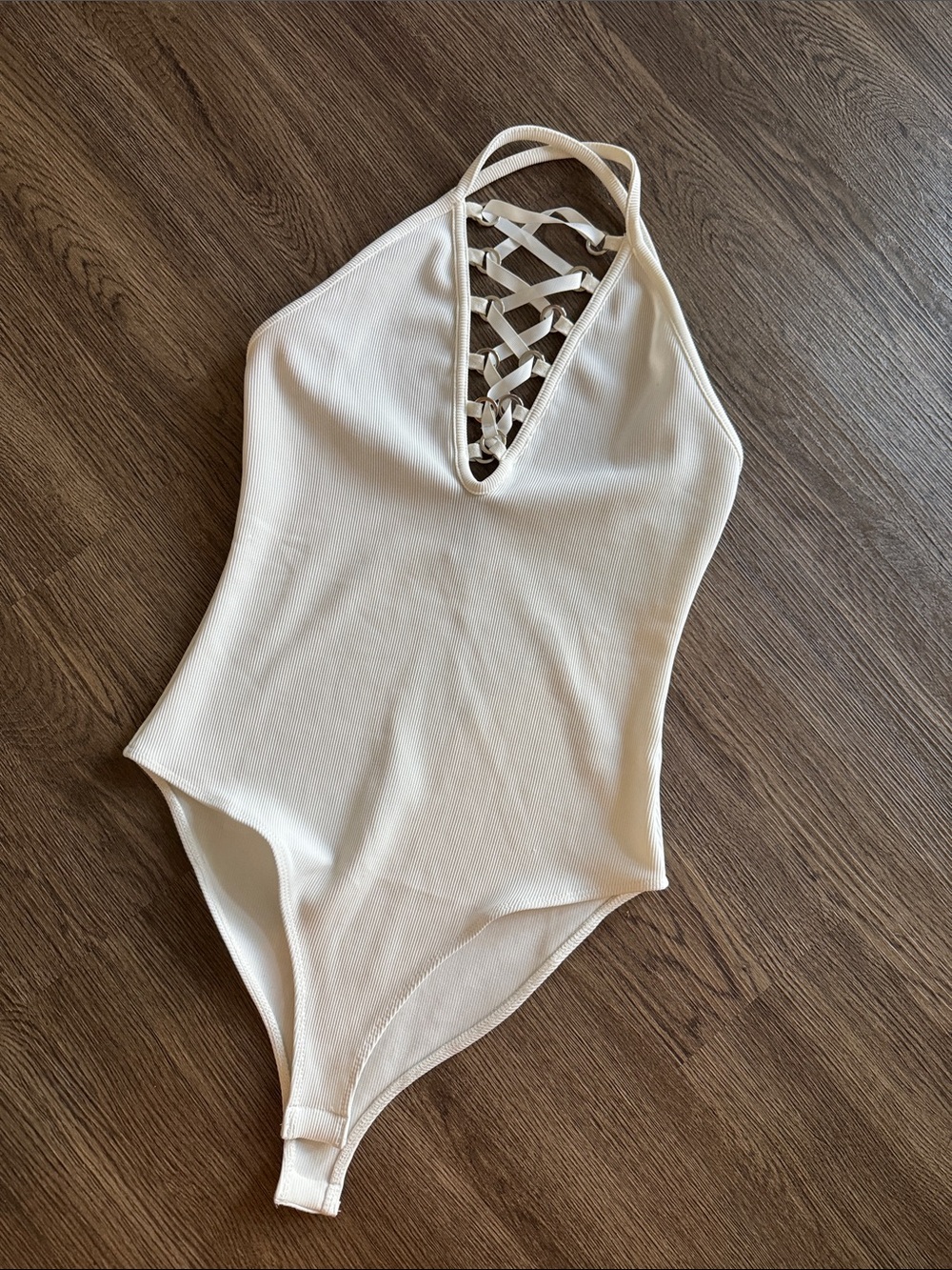 F21 White Ribbed Lace Up Bodysuit Halter Size S